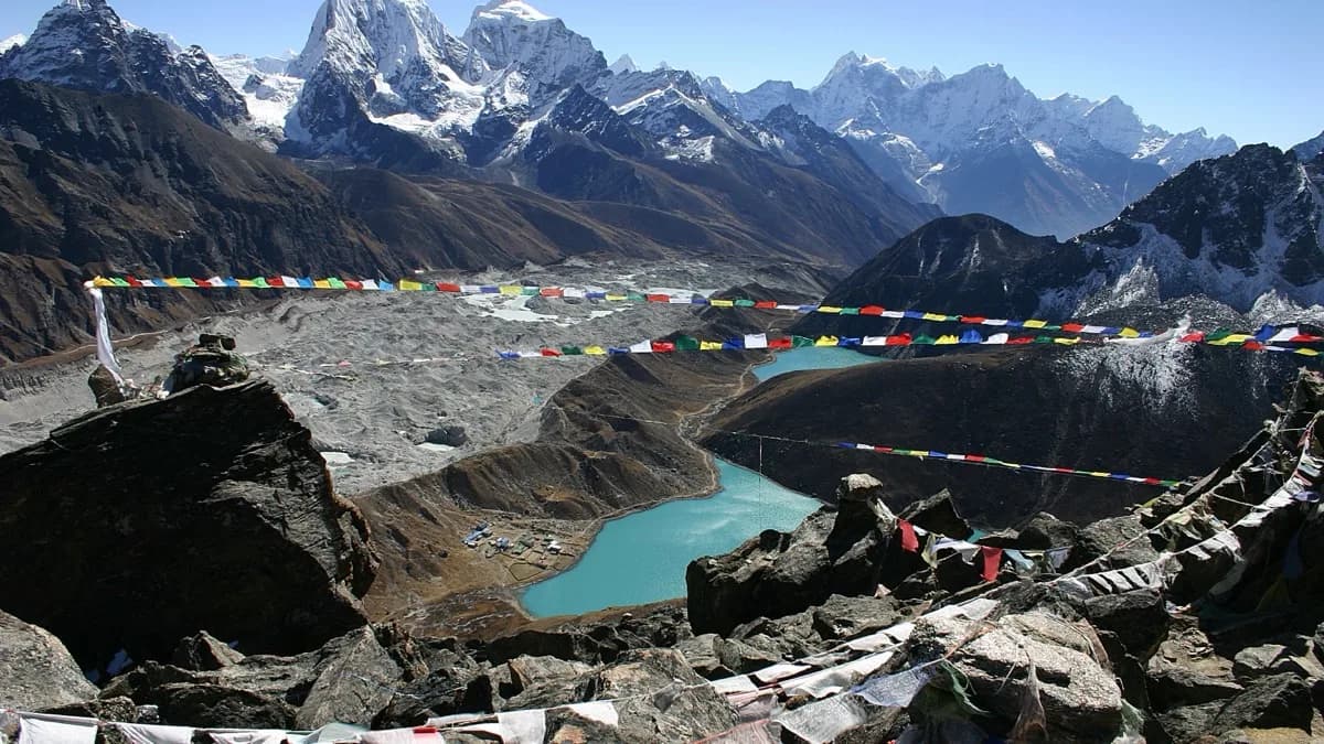 The Gokyo lakes and Ngozumpa glacier above Dole, in the Everest region's Gokyo valley