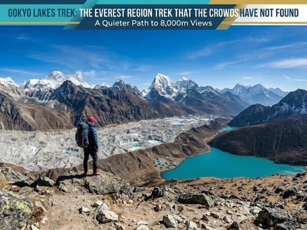 Turquoise Gokyo Lake below Himalayan peaks in the Everest region