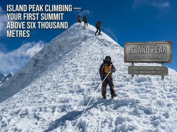 Climbers ascending the steep headwall section on Island Peak with fixed ropes