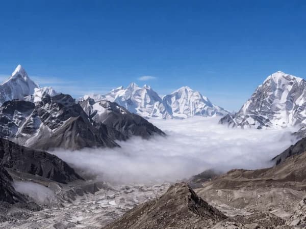Trekkers on the Khumbu glacier moraine near Everest Base Camp