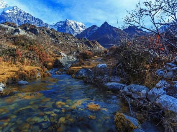Teahouse in Langtang Valley with mountain backdrop