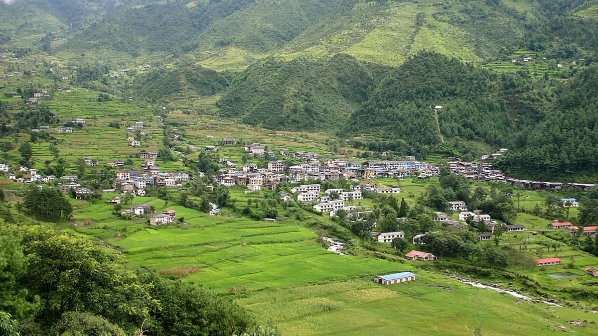Green terraced foothill country on the lower Everest trekking approach