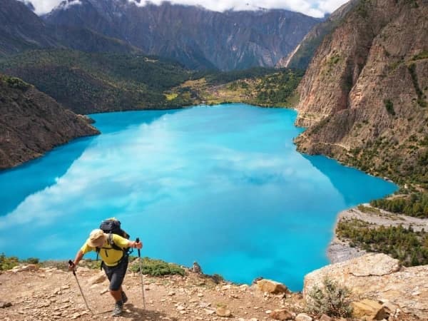 Rara Lake in far western Nepal surrounded by alpine forest and Himalayan peaks