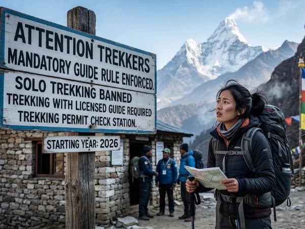 A solo trekker with a guide on the Everest Base Camp trail