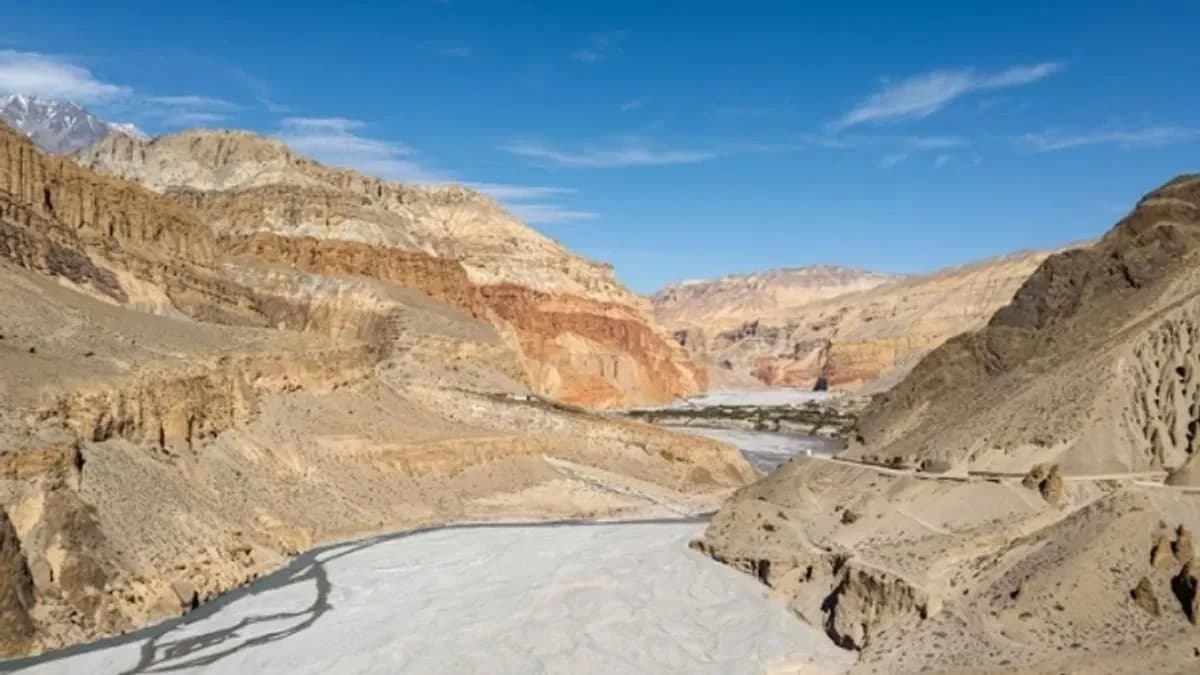 The Kali Gandaki gorge cutting through red and ochre cliffs in Upper Mustang