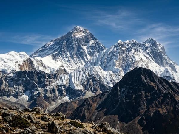 Mount Everest, 8,848 m, seen from the Khumbu with Nuptse and Lhotse