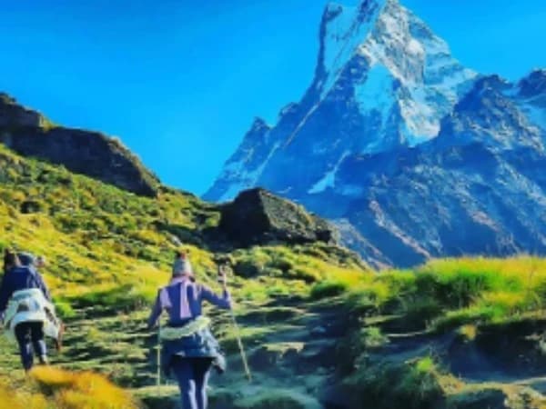 Machhapuchhre seen from the ridge on the Mardi Himal trek in the Annapurna region of Nepal.