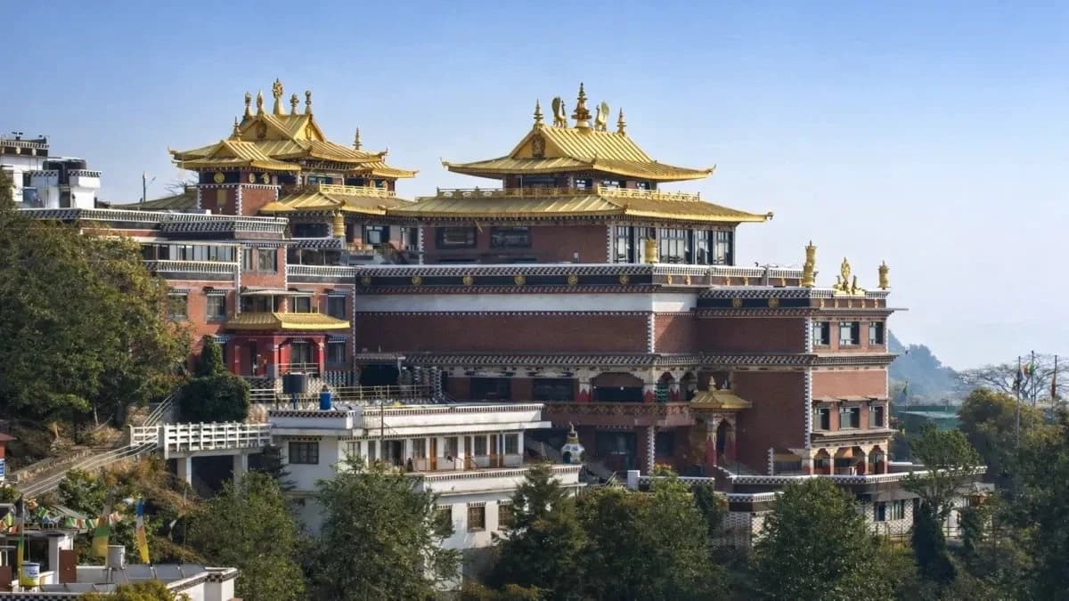 Trekker on mountain trail with Himalayan views