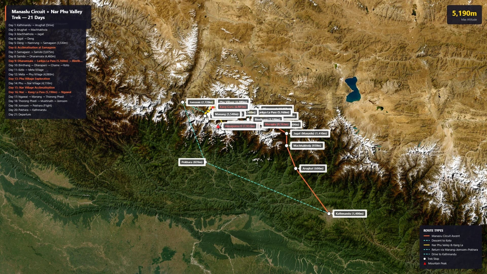 Manaslu with Nar Phu Valley Trek Route Map Nepal